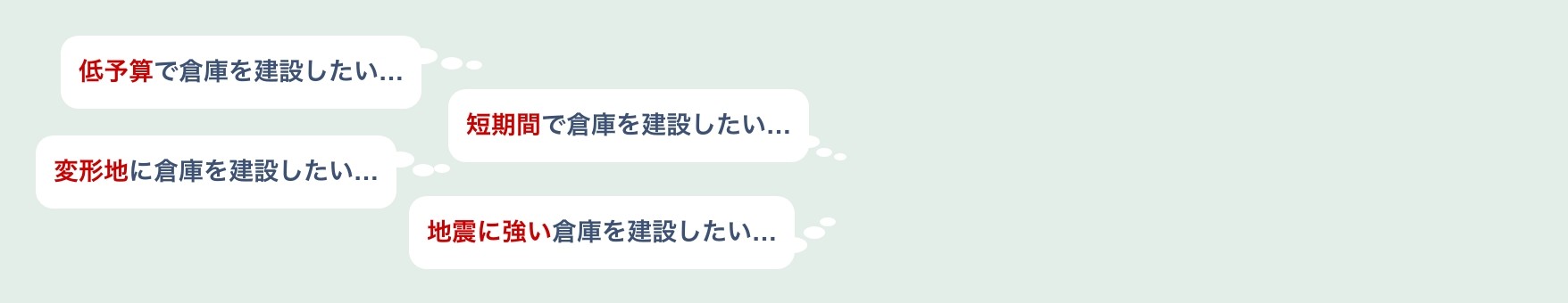 低予算で倉庫を建設したい・短期間で倉庫を建設したい・変形地に倉庫を建設したい・地震に強い倉庫を建設したい